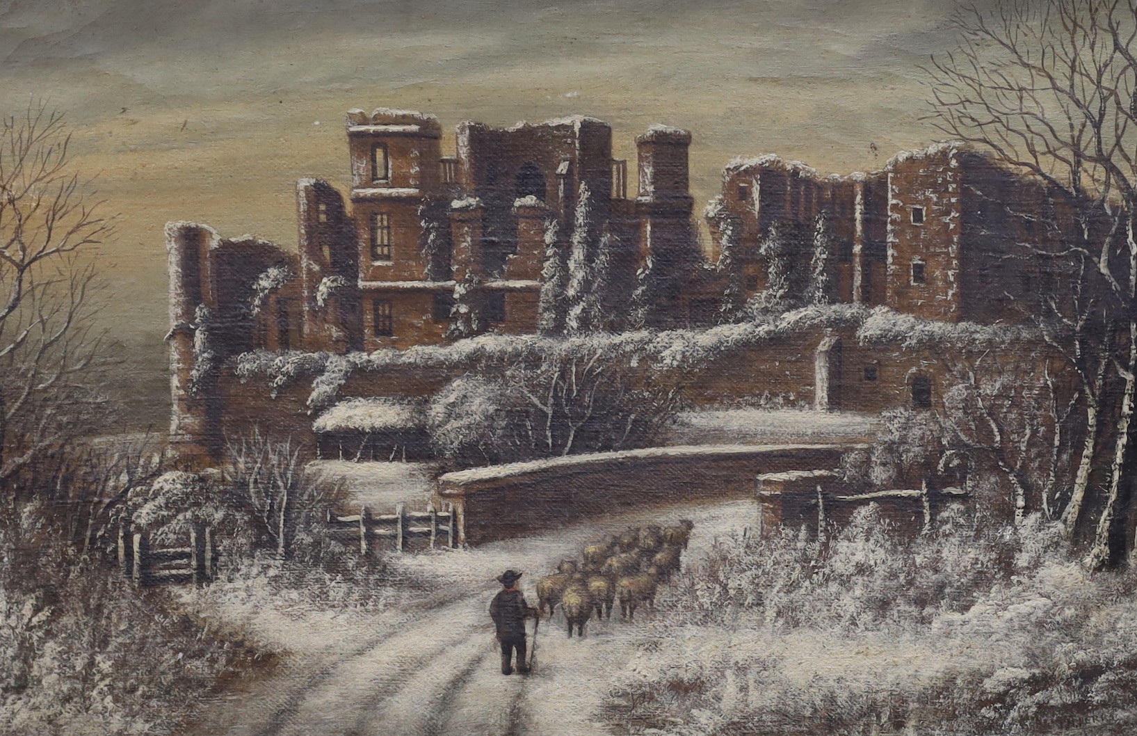 J.H. Perks, pair of oils on canvas, Views of castles in summer and winter, one signed, 30 x 45cm